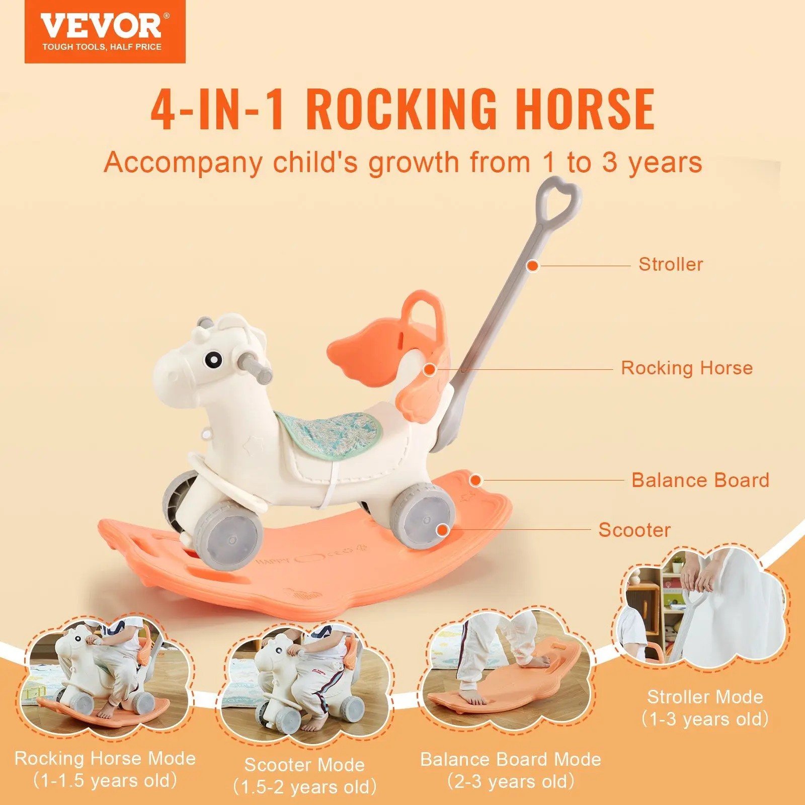 

Baby Rocking Horse with Detachable Balance Board 4 in 1 Rocking Horse for Toddlers 1-3 Years