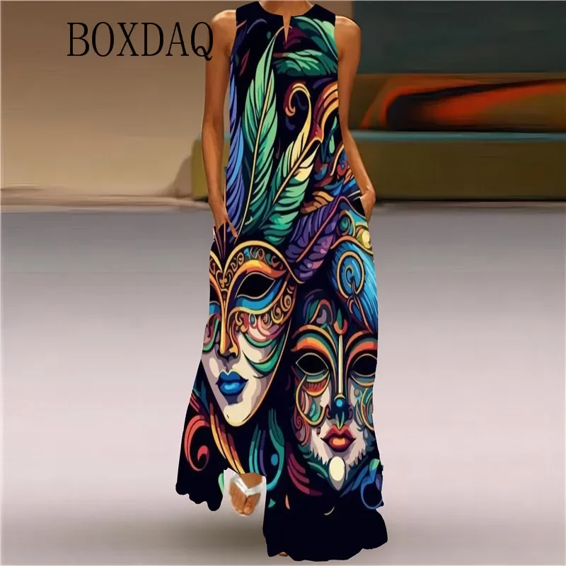 Mardi Gras Y'All Carnival Party Women Dress 2025 Sexy Sleeveless V-neck Print Long Dress Casual Evening Maxi Dresses Summer Robe