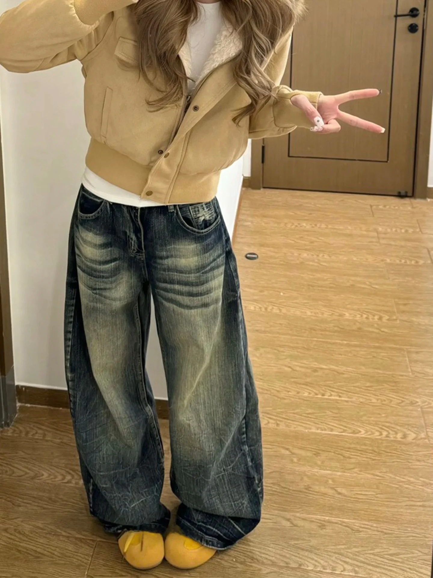 

American High Street Loose Faded Denim Jeans Women's Summer New Pear Shape Slimming Wide Leg Casual Vintage Style Jeans