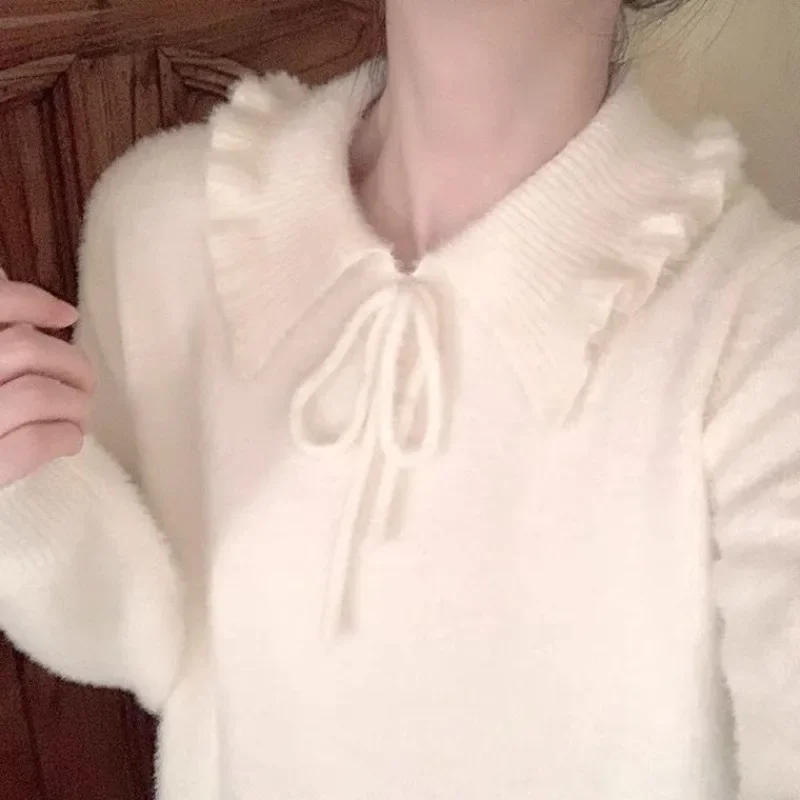 

Sweet Ruffles Fleece Y2k Sueter Mujer Lace-up Knitted Long Sleeve Peter Pan Collar Pullover Japanese Sweaters Solid Women Kawaii
