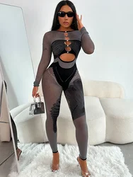 Sexy Hollow Out See Through Jumpsuits Women Nightclub Party Diamonds Long Sleeve Romper Skinny Body-Shaping Lingerie Outfits