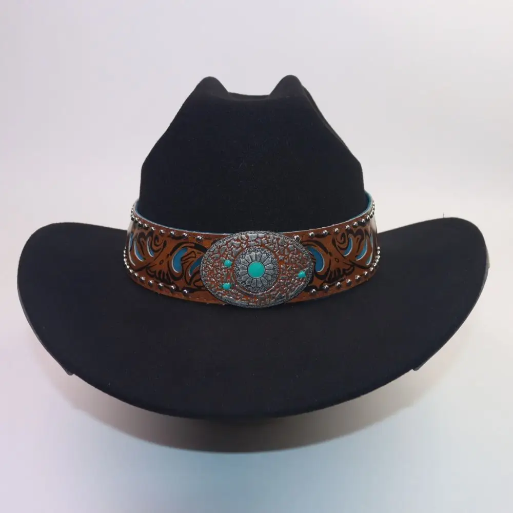 Dress Up Western Cowboy Hat Turquoise Decor Bohemian Western Cowgirl Hat Wide Brim Embossed Costume Cosplay Cap