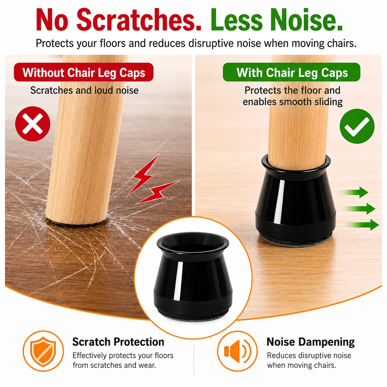 Flat Bottom Chair Leg Protectors 24 PCS, Silicone Furniture Leg Caps with Felt Pads for Wood Laminate Tile Floors, Chairs Tables