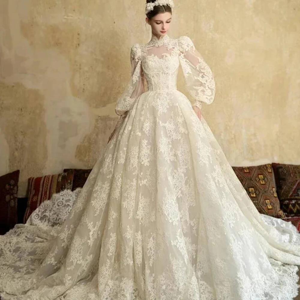 

Elegant Wedding Dresses Lantern Sleeves High Neck Lace Applique Bridal Gowns With Court Train Custom A-Line Vestidos De Novia