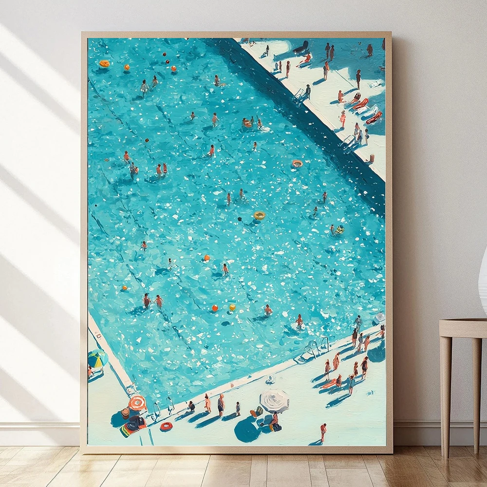Summer Beach Swimming Series Canvas Painting: Fresh Blue-Green Pool Decoration Poster for Living Room and Bedroom - Frameless