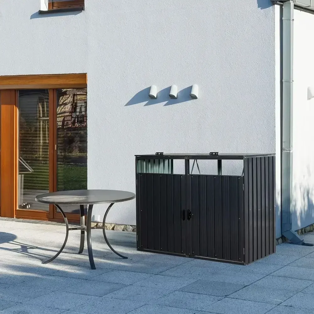 Galvanized Steel Outdoor Trash Bin Storage Shed with Lockable Door for 2 Cans (Black)
