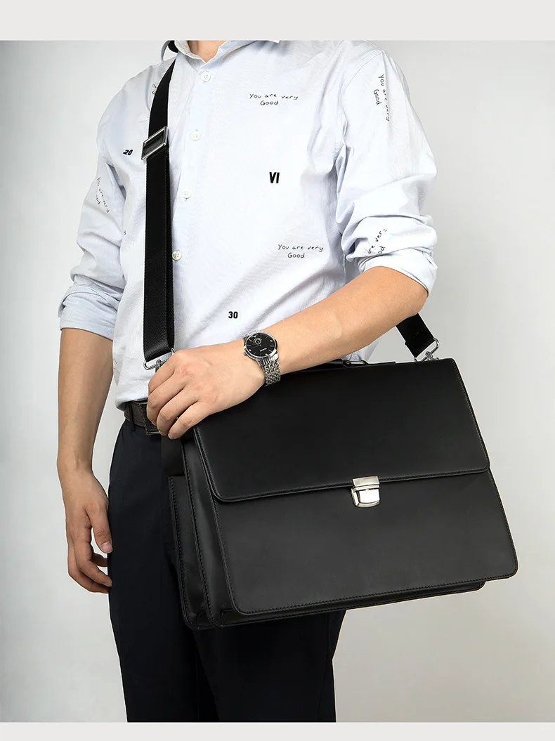 Genuine Leather Business Men's Handheld Briefcase Retro Oil Wax Leather Postman Bag Large Capacity Shoulder Bag Crossbody