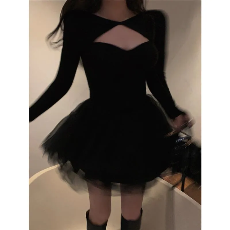 Sukienka damska czarna bufiaste krótkie spódniczki jesień nowy francuski styl sukienka z siateczki spódnica księżniczki