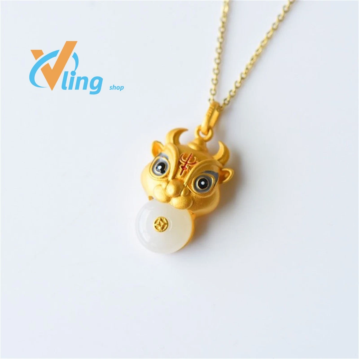 

S925 Silver Inlaid Hotan Jade Amule Big Eye Cute Cow Pendant Gold Ox Safety Clasp Antique FashionWhiteNecklaceGift Charm Retro