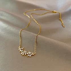 Luxury Simple Crystal Flower Gold Color Stainless Steel Pendant Necklace for Women Luxury Chain of Clavicle Jewelry Colorfast