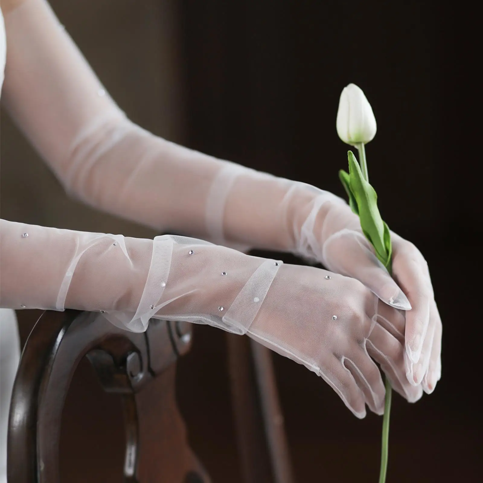 Tulle Bridal Gloves with Rhinestones Opera Gloves Elegant Elbow Length for Evening Party Prom Bride Dress Costume Gloves White
