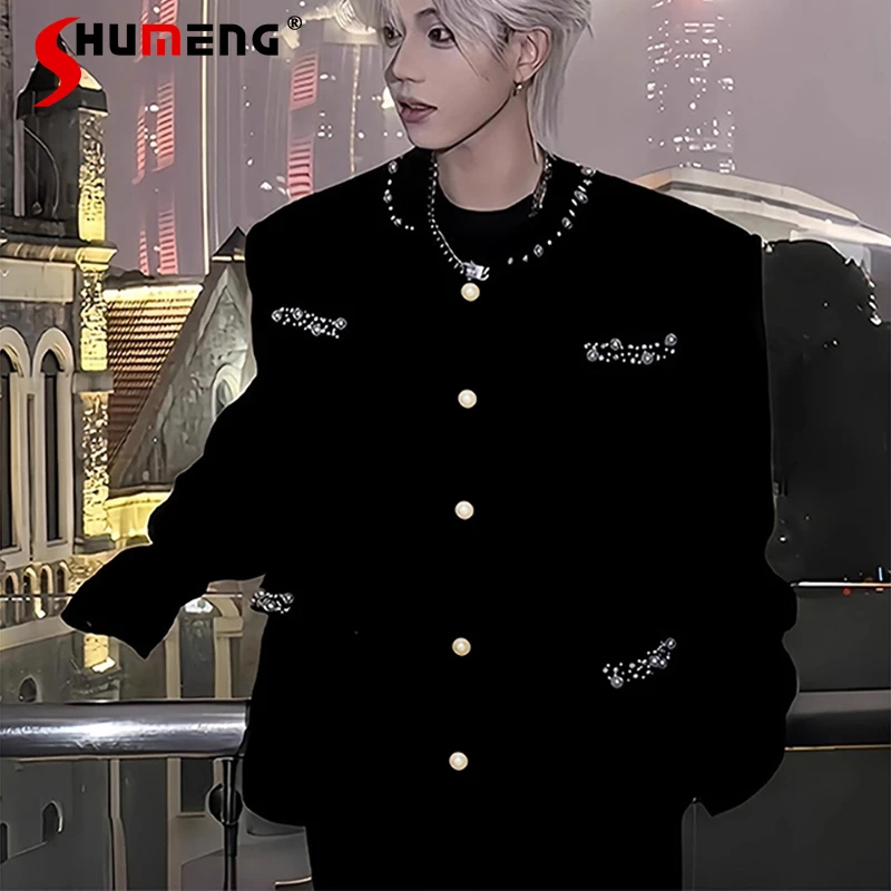 

Мужские осенние новые стильные пиджаки 2024, элитные пиджаки, модный костюм, маленькие стеганые пальто с вышивкой из ароматного жемчуга