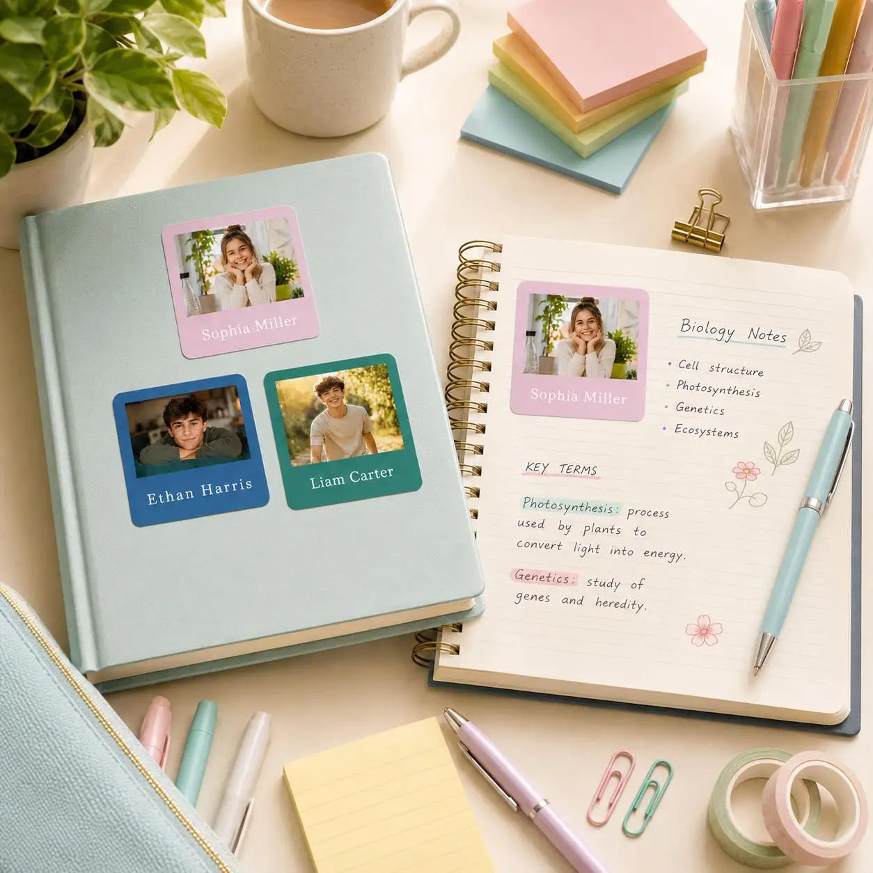 Customized Back-To-School Photo Name Stickers Customized Square Half-Portrait Photo Labels Personalized Labels for Schools, Offices, Water Bottles, Pencils - Non-Curling Adhesive Waterproof Name Tags School Classroom Backpacks Luggage Back-To-School Gift for Son or Daughter