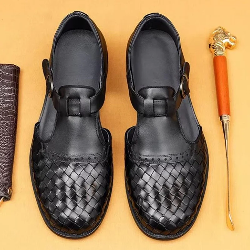 Retro Woven Pattern Leather Sandals Men First-Layer Cowhide Summer Genuine Leather Casual Shoes Buckle Breathable Cool Slippers