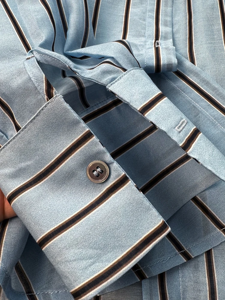 

Silk Cotton irt Loose Long Sve Turn-down Collar Striped Sun Protection Women's Transparent Cool Sea Salt Blue Boyfriend ...