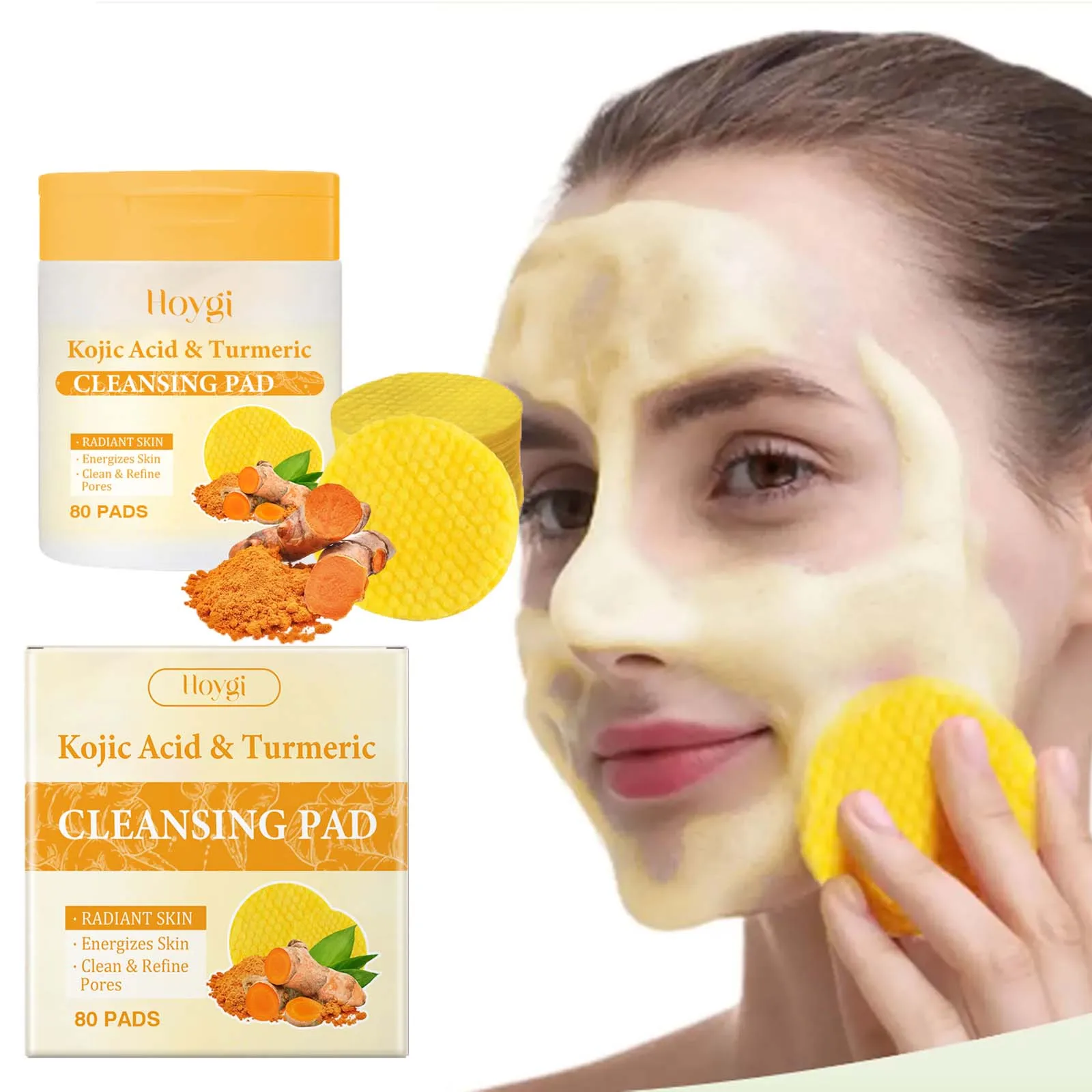 80Pcs Turmeric Kojic Acid Cleansing Pads Cleansing Exfoliating Pads Facial Sponges Refreshing Daily Facial Pore Cleansing Pad