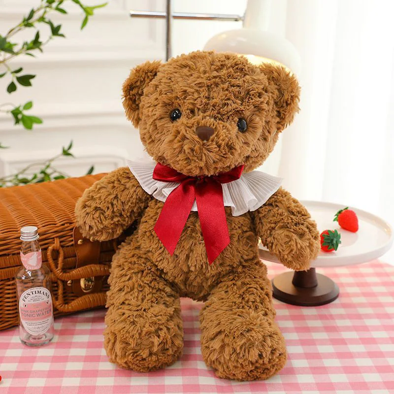 دمية دب تيدي لطيفة وناعمة مع طوق مزين بفيونكة، لعبة محشوة ناعمة للديكور المنزلي وهدية مثالية للفتيات