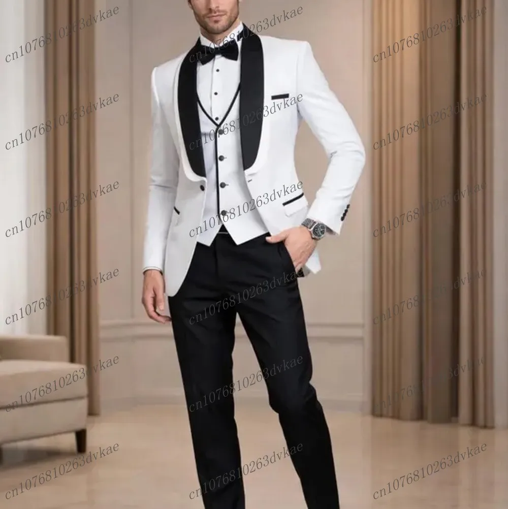 

White And Black New Men Suit Wedding Party Formal Groom Groomsman Prom Business Male Tuxedos 3 Piece Set Jacket Vest Pants