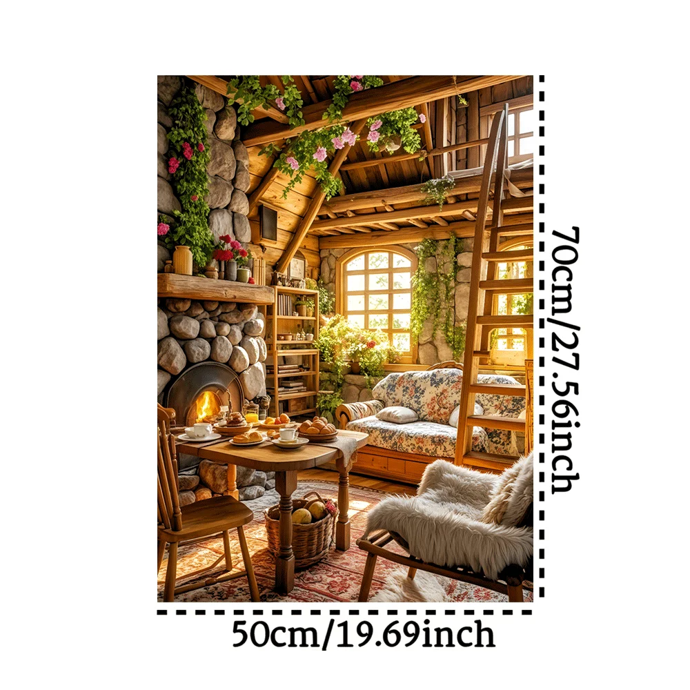 1000ピース 木製ハウスインテリアジグソーパズル - 石の暖炉と花柄のソファが付いた素朴な小屋のシーン、鮮やかな色、詳細な