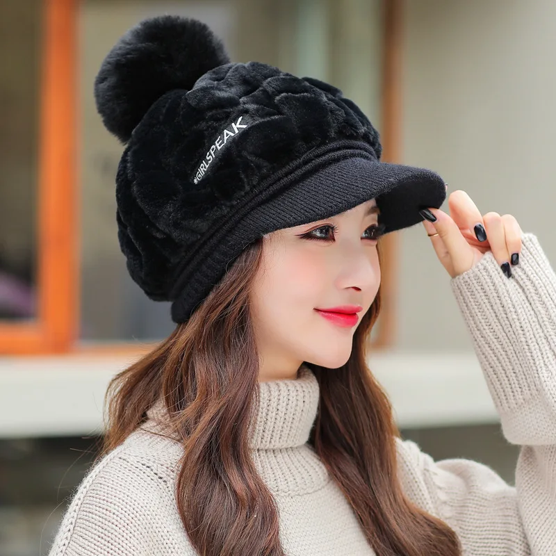 Autumn and winter new women\'s hats fashion wild plush warm duck tongue hat cute hairball cold protective ear cap