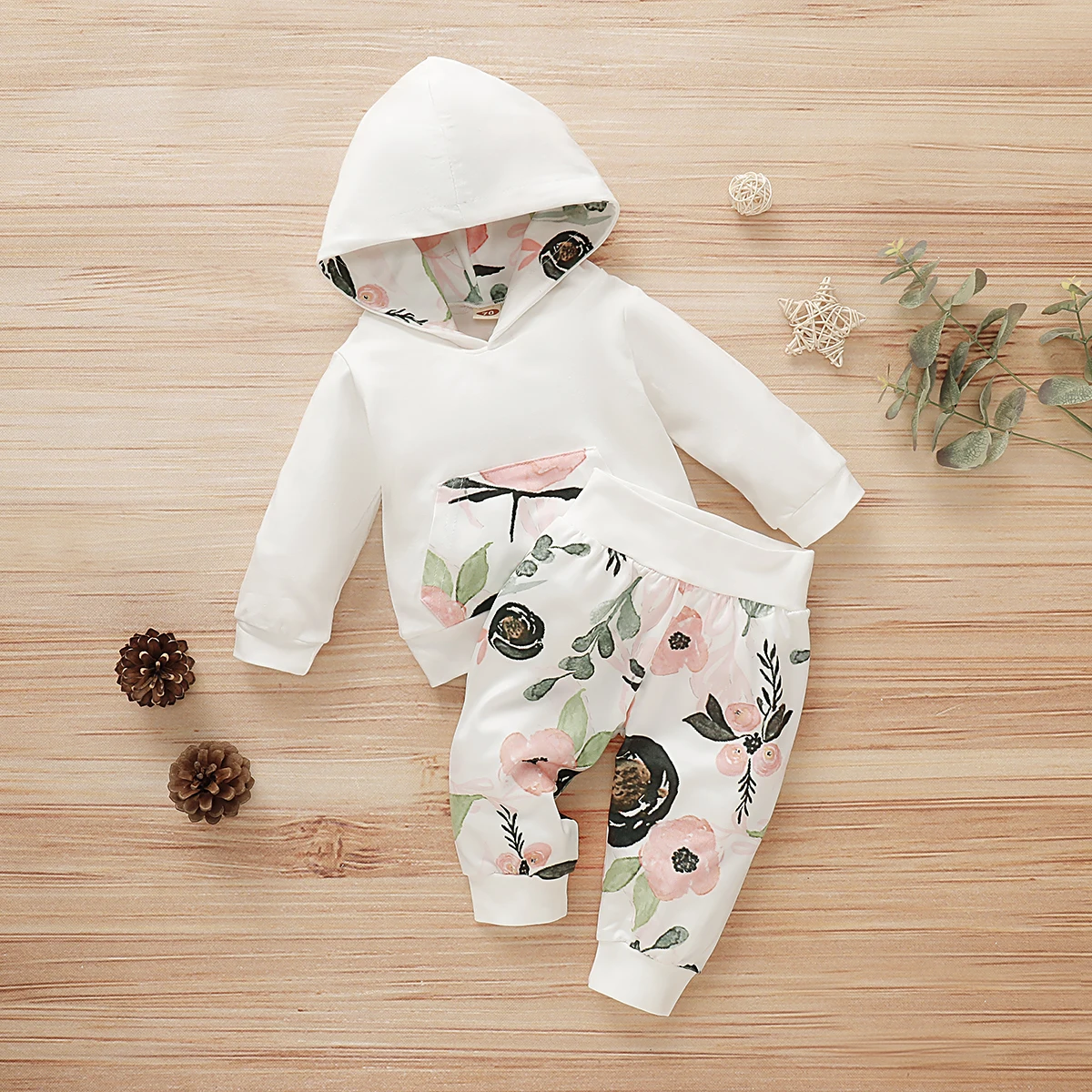 Frühling und Herbst süße Blumen Baby Kapuze Langarm lange Hosen 2-teiliges Set