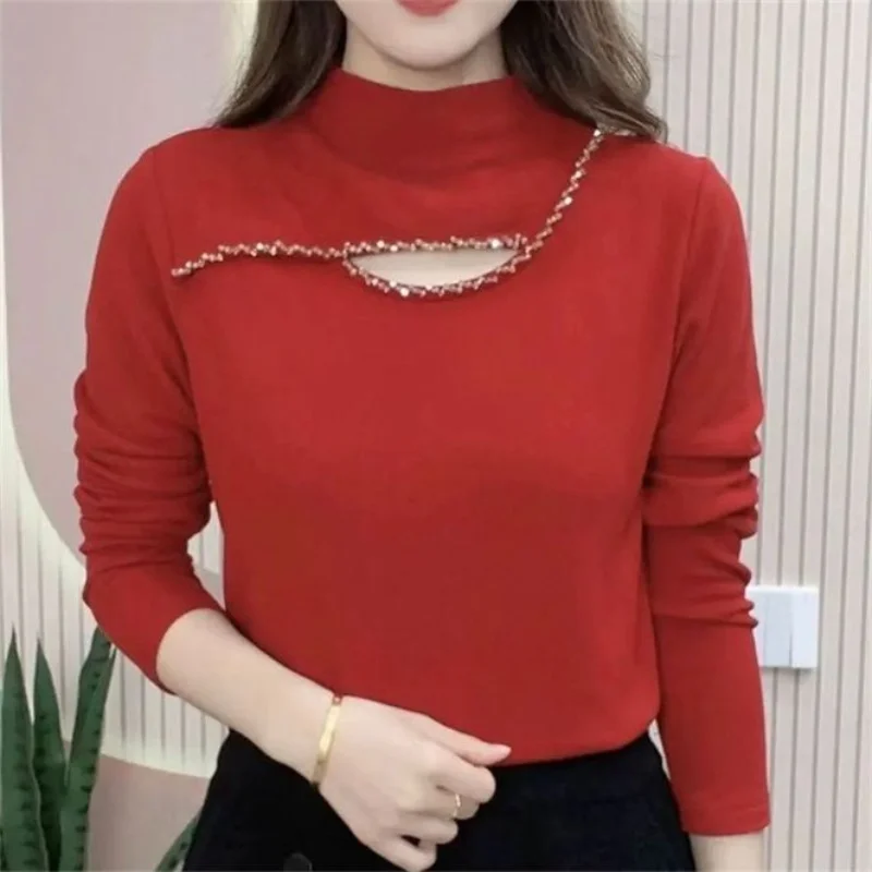 Women Autumn Winter New Half High Neck Velvet Knit Sweater Fashion Hollow Out Diamonds Base Layers Cozy Warm Long Sleeves Tops