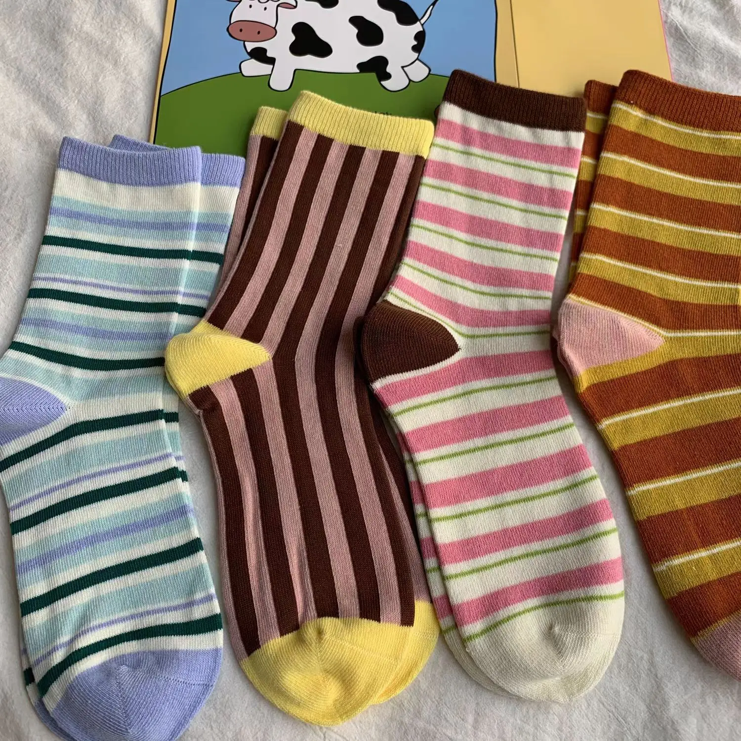 Women's Socks Autumn Dopamine Color Japanese-style Fresh Striped Pile Socks Korean Style Fashion Versatile Mid-Calf Socks Simple