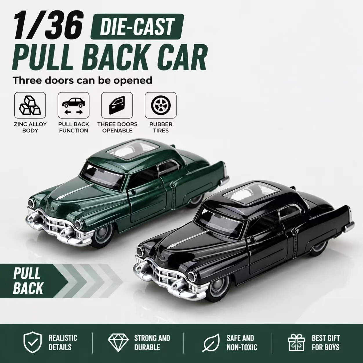 Modèle de voiture rétro à trois portes, échelle 1/36, série 62, en métal moulé sous pression, jouet pour garçon, trois portes peuvent être ouvertes.