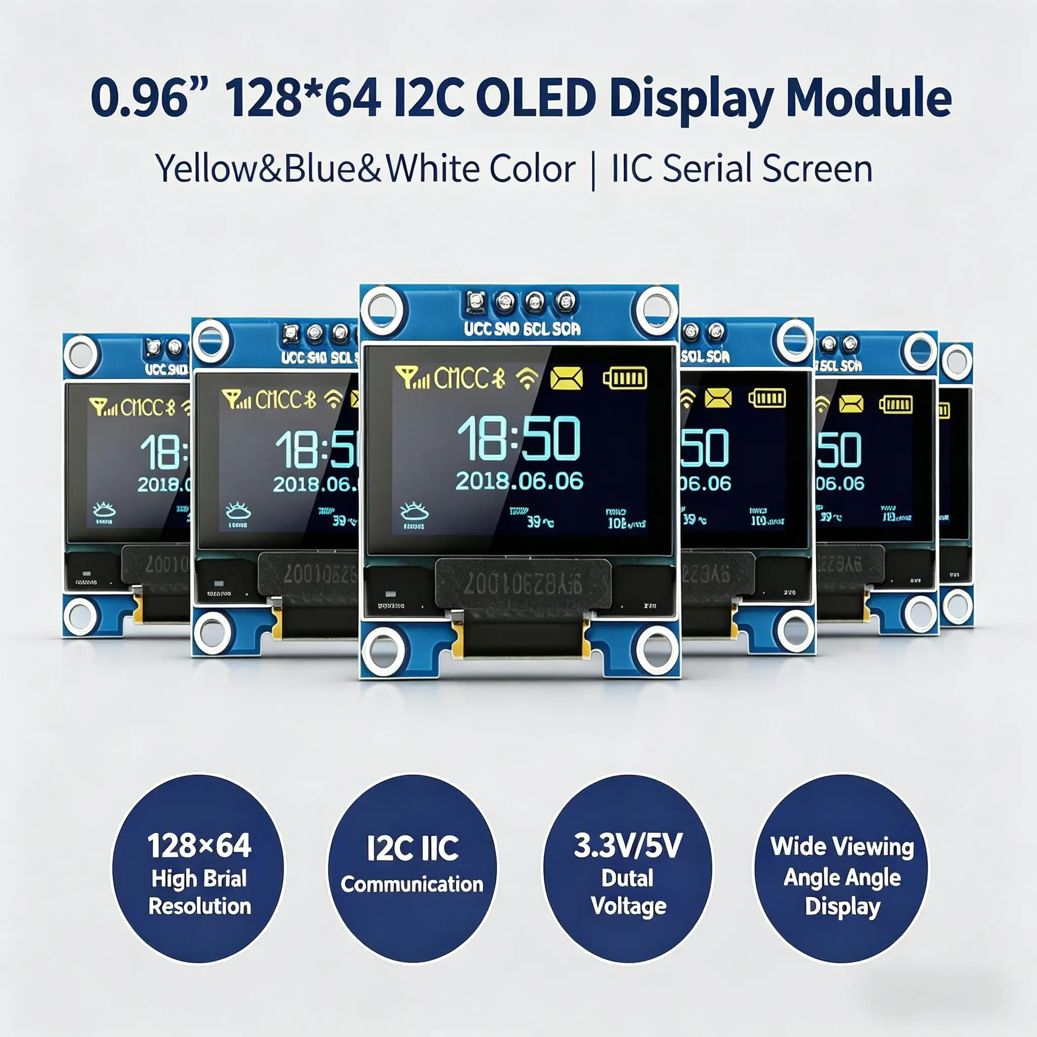 0.96'' Inch OLED Display Screen Module I2C IIC 128x64 SS - D - 1306 3.3V-5V Blue/blue Yellow/White for Arduino ESP32 ESP8266