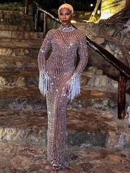 Full Diamond Rhinestone Birthday Pearl Dress For Women Luxury 2025 New Sexy Mesh Sheer Long Sleeve Crystal Evening Party Dresses