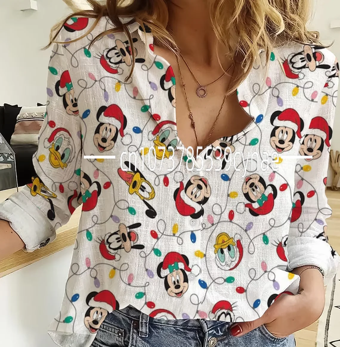 Disney Hawaii Shirt Spring Autumn Button Shirt Women's Holiday Beach Long Sleeve 3D Full Print Fashion Colorful Casual Hip Hop