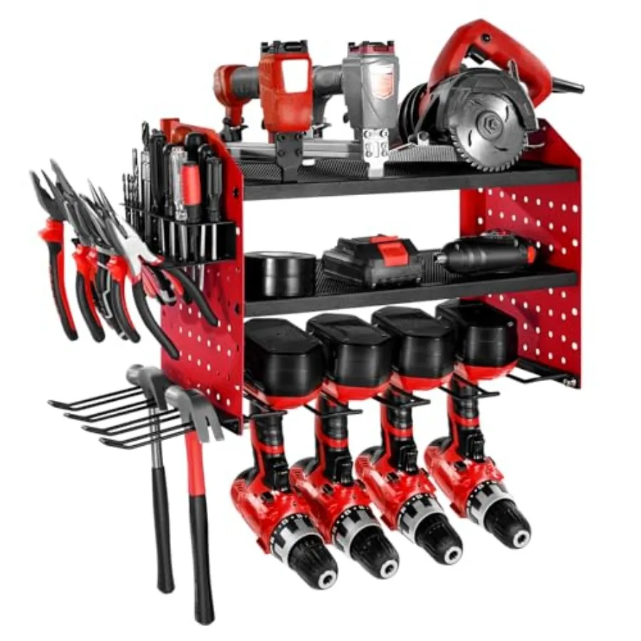 

Power Tool Organizer Wall Mount 3-Layer Storage Rack with 4 Drill Holders Tools Holder and Storage Rack with Side Pegboards Gar