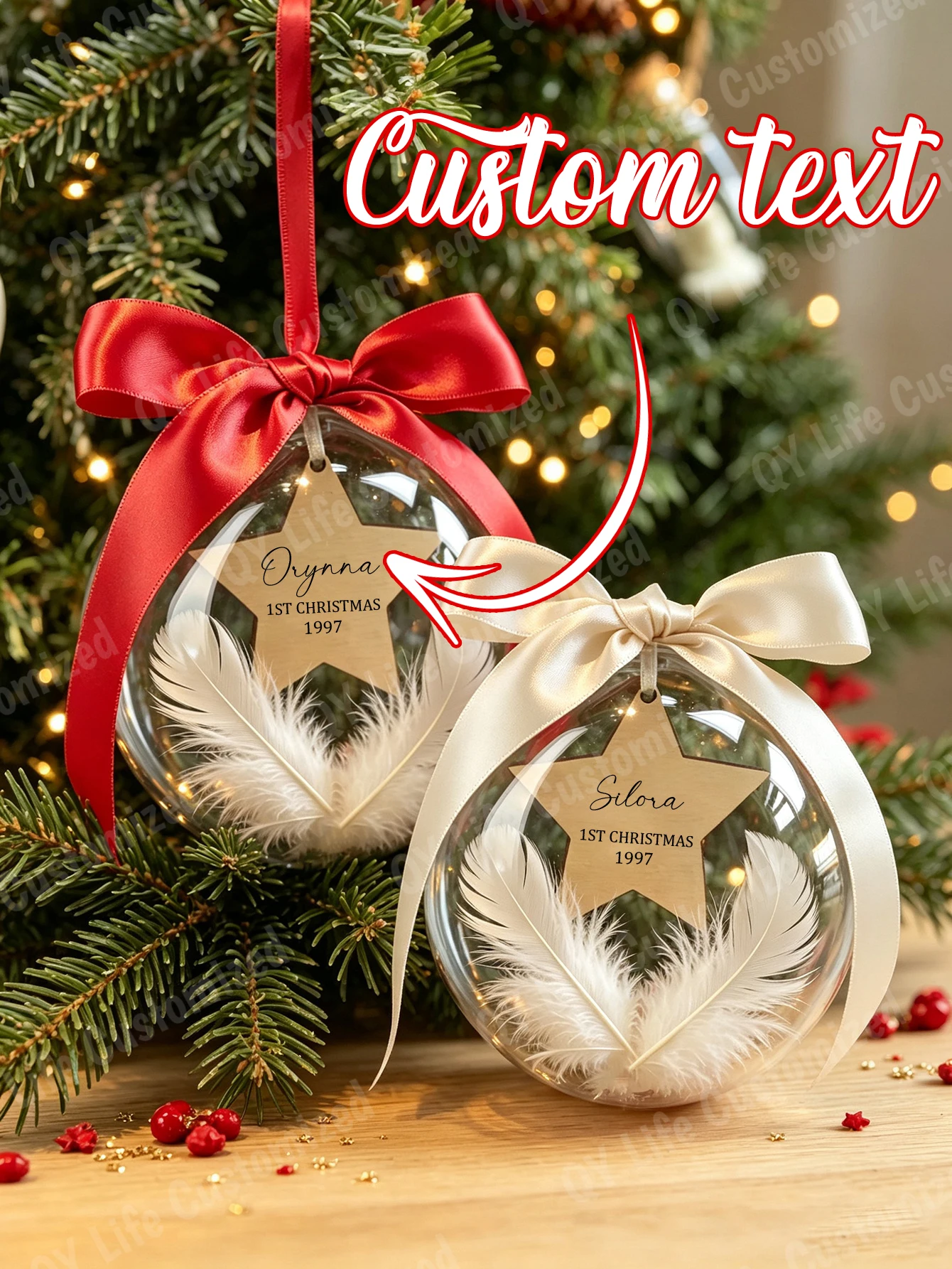 Personalized Clear Christmas Ball Ornament Wooden Star Feather Inside Custom Name Year Print Bauble Satin Bow Christmas Gift