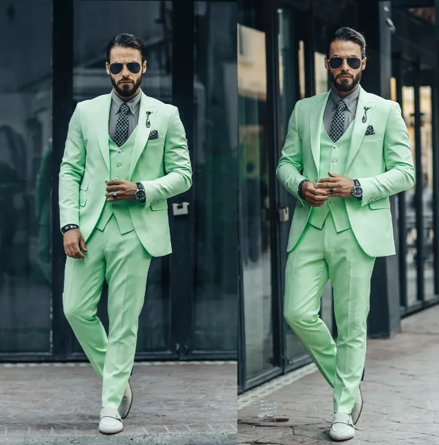 Gentleman 3 Pieces Men Wedding Tuxedos Mint Green Outfits Wedding Pants Sets Business Formal Wear