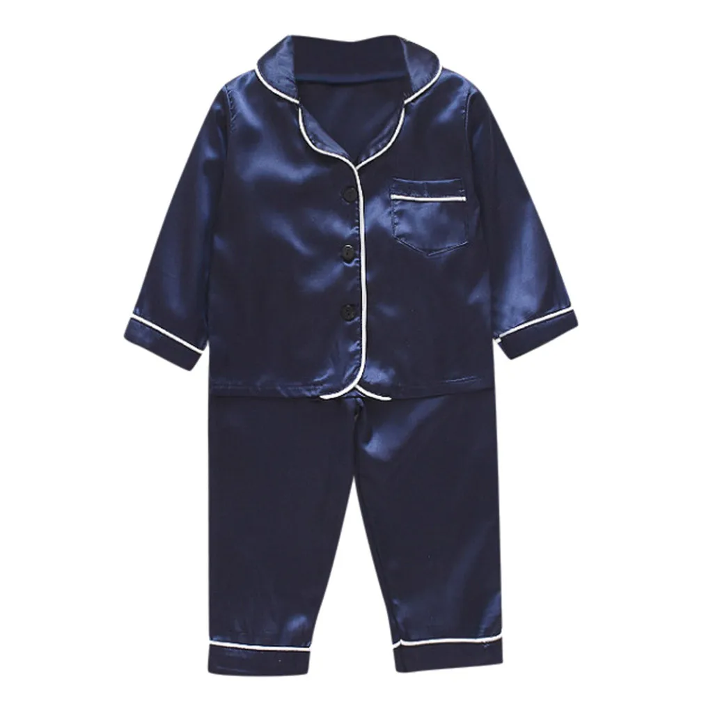 Baby Boys and Girls 'Faux Satin Sleepwear, Conjunto de pijamas infantis, Pijamas de manga curta, Calça de botão, Sólido, Criança, 2 peças