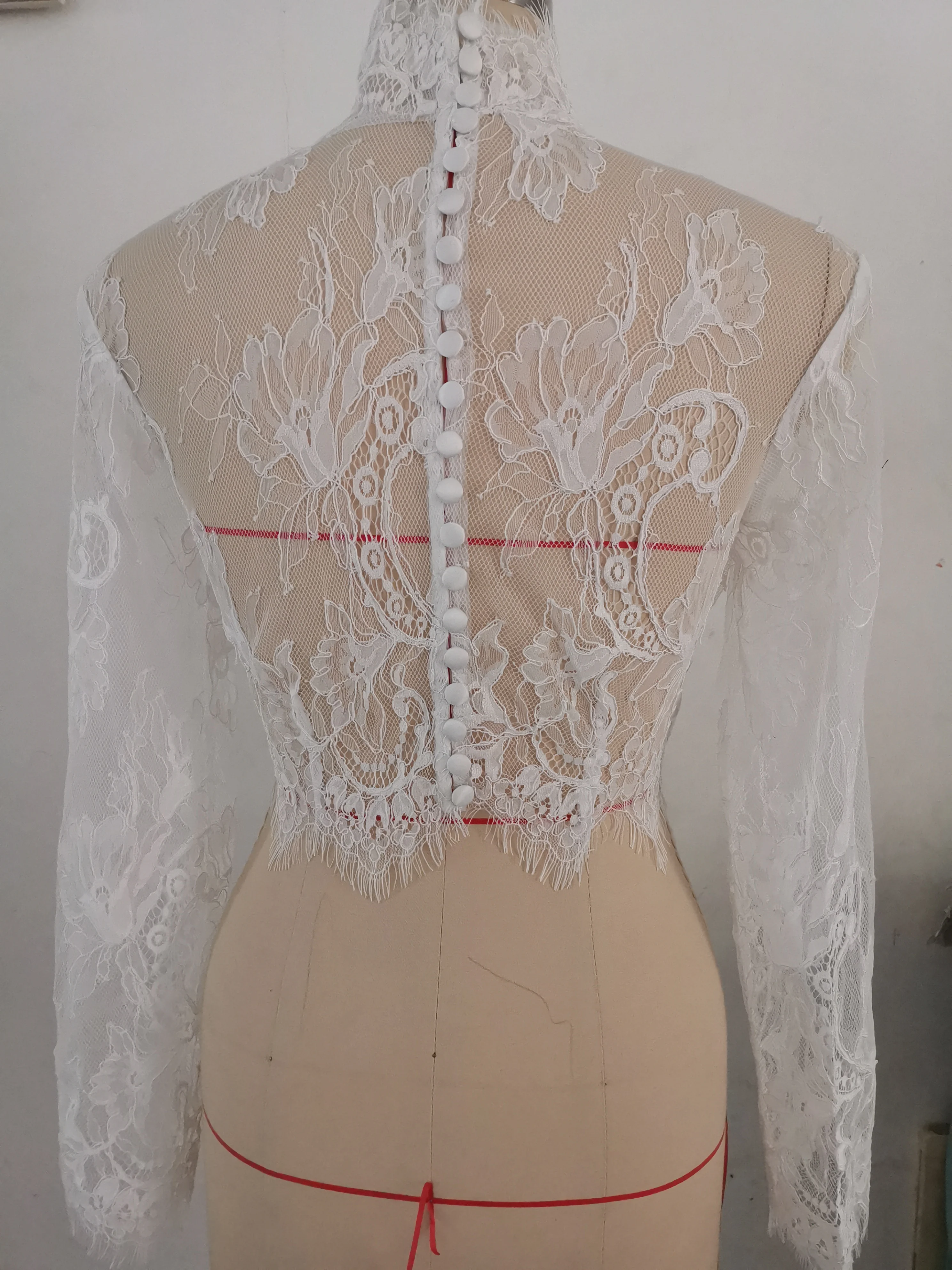 Modest Long Sleeve Lace Wedding Jacket Bolero Woman Bridal Lace Appliqued Wrap Buttons Back Shrug Cape