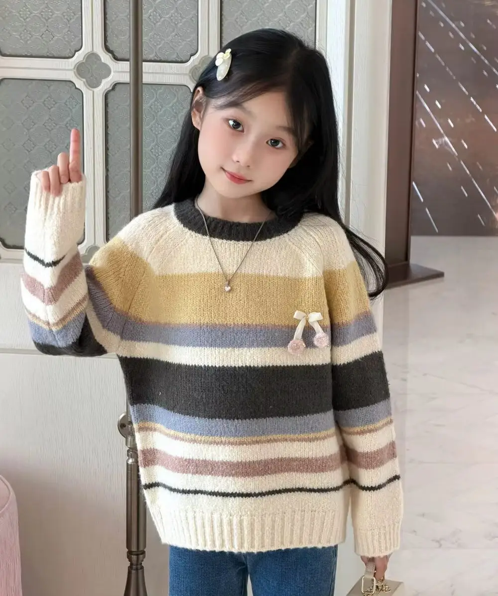 baby coat kids clothes Rainbow striped sweater with wool comfortable warm knit jacket cherry pattern Sweet girl's coat