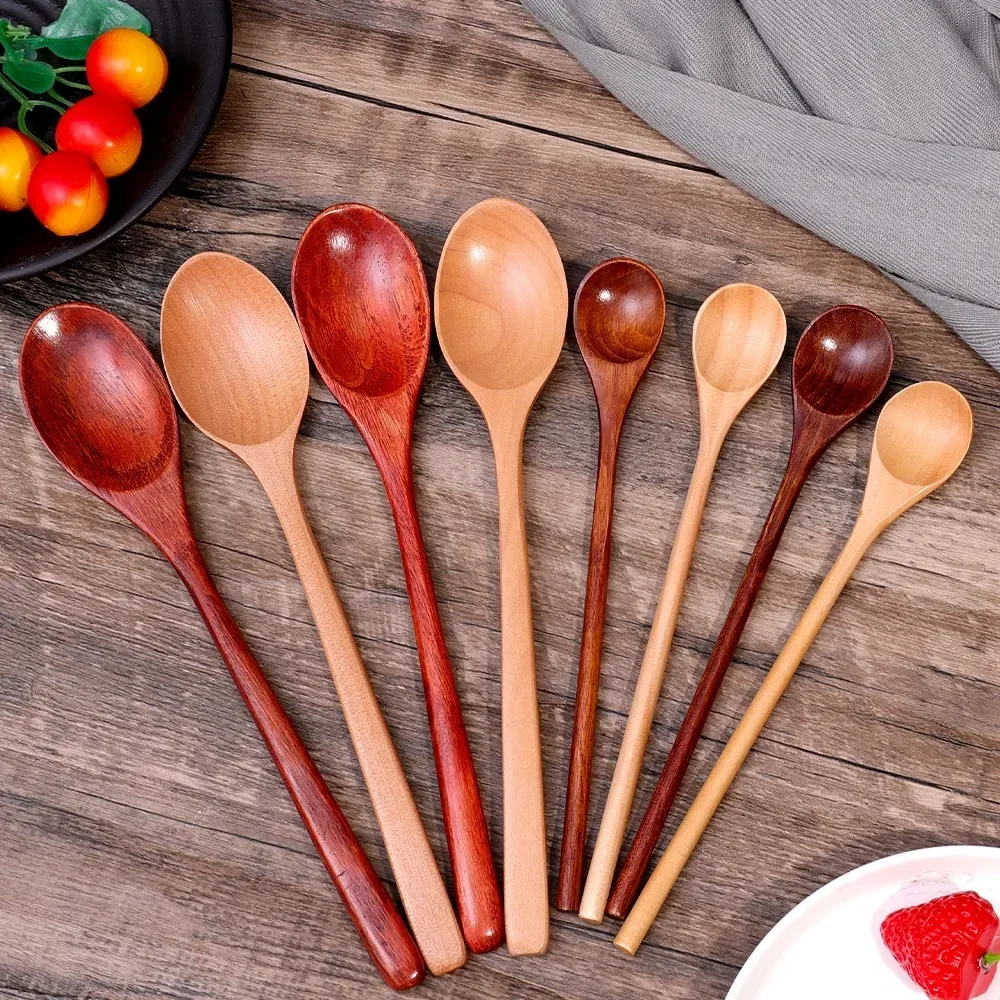 1/10PCS Kitchen Wooden Soup Spoons Long Handle Coffee Milk Honey Stirring Scoops Round Pointed Reusable Teaspoons Home Tableware