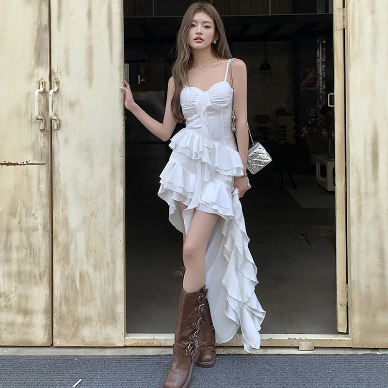 White Sexy Mini Dress Women Irregular Ruffles Ribbon Sleeveless Camisole Dresses Summer Beach Slim Fit Spaghetti Straps Dress