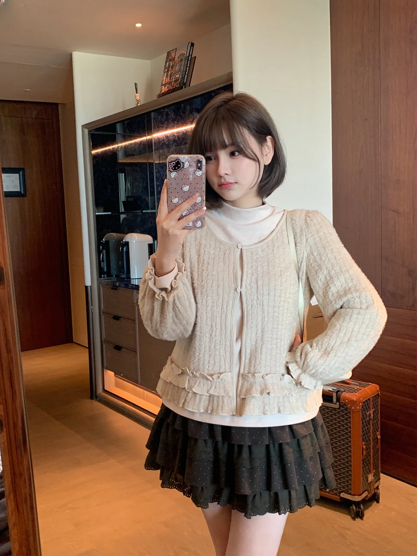 

plus Size Women's Slimming Three-Piece Set with Lace Cardigan And Cake Skirt for Spring Season Casual High Waist Polyester Blend