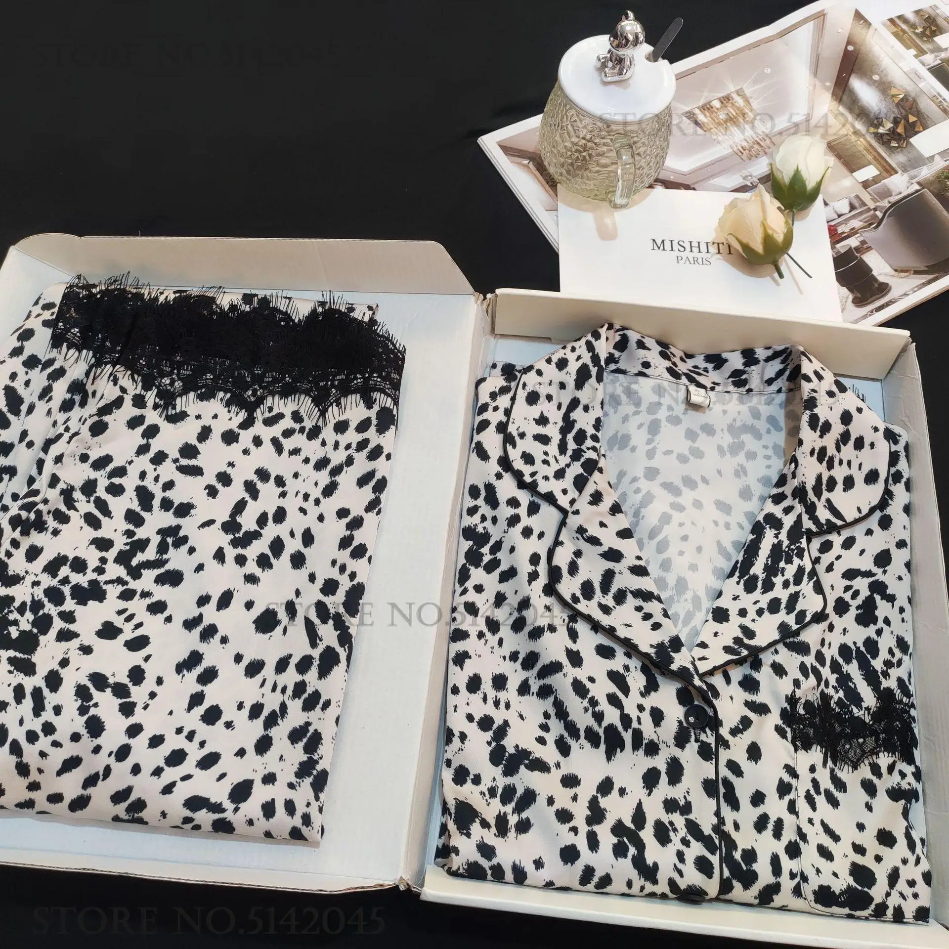 PLUS SIZE Fashion Leopard Pajamas Set Sleepwear Sexy Lace NightWear Trouser Pijamas Suit Loose Satin Home Clothes Loungewear 3XL