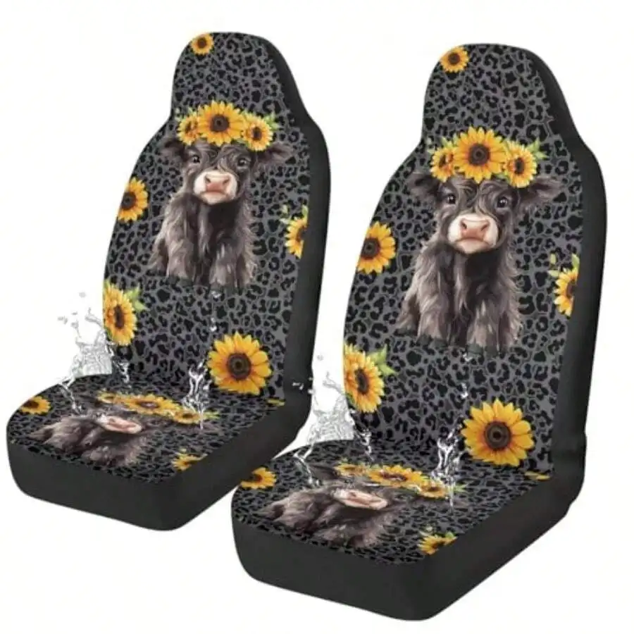 

Black Leopard Print Car Seat Covers Highland Cow Sunflower Design Waterproof Universal Front Seat Covers 2 Pack