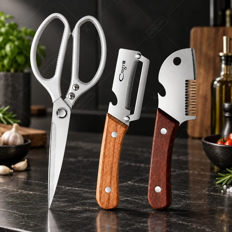 WXCOO Fruit Peeler Vegetable Slicer with Wooden Handle Sharp Blade Scissors Slicing Kitchen Tool for Home Cooking Salad Gadget