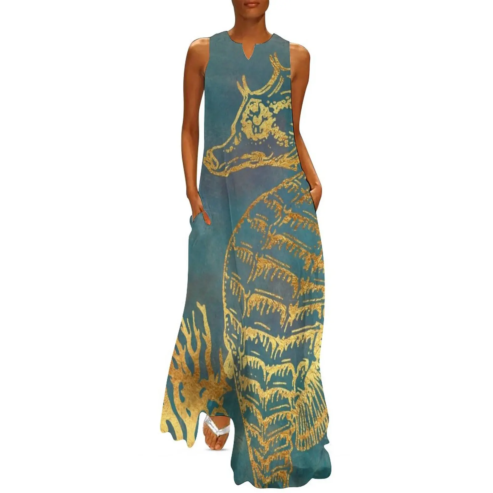 

Deep Sea Life V Golden Seahorse, ocean texture Long Dress dress summer 2024 women Long dress Womens dresses