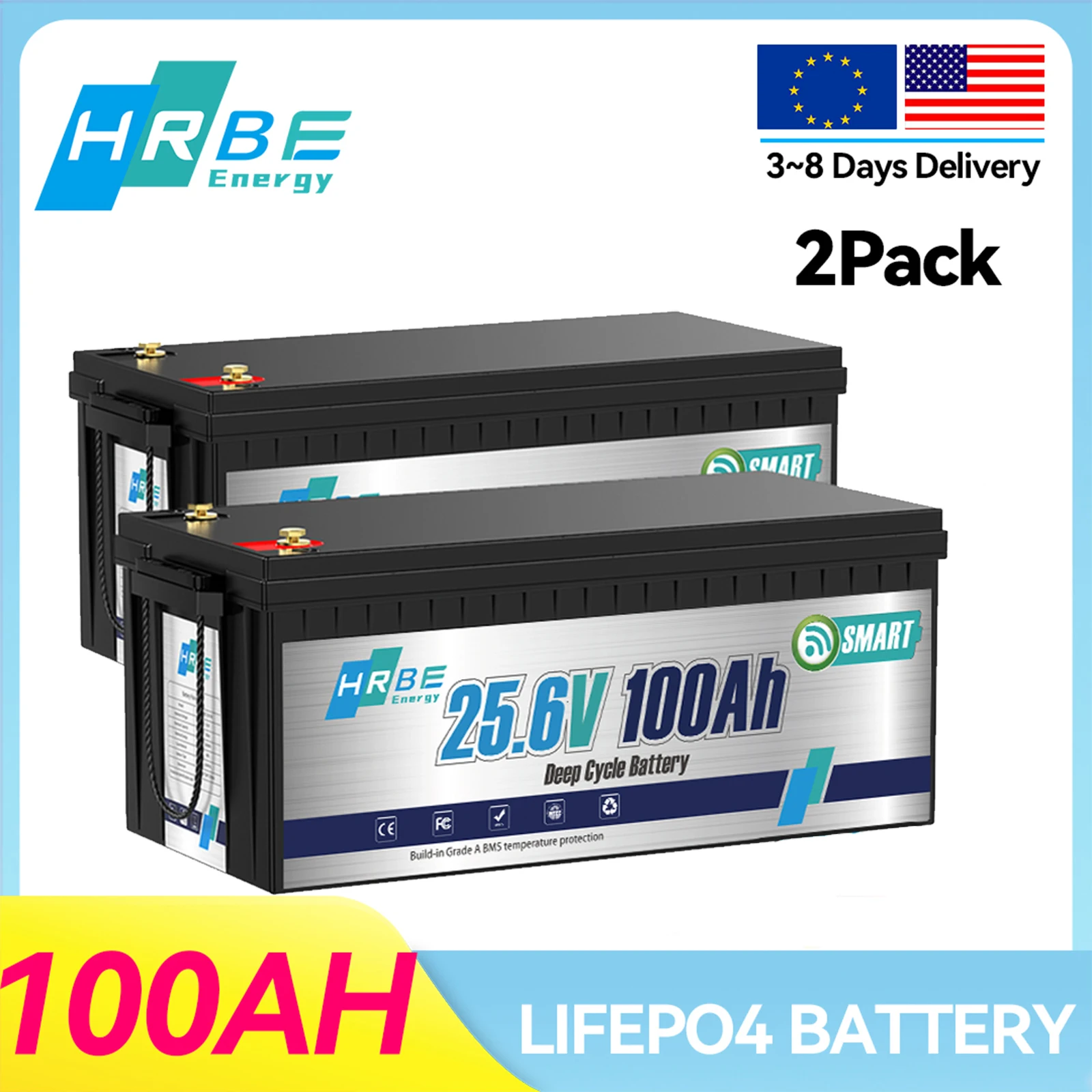 

Аккумулятор HRBEEnergy 24В 100Ач LifePO4, литиевая батарея класса А с глубоким циклом разряда (6000+ циклов) и Bluetooth для автономных систем, кемперов, прицепов-дач