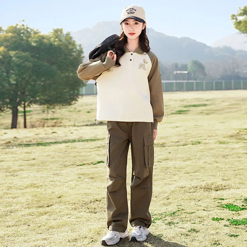 2024 New Girls Casual Sweatshirt Cargo Pants Two Piece Set Korean Fashion Solid Patchwork Sports Children Sets Over 8 Years Old - Image 4