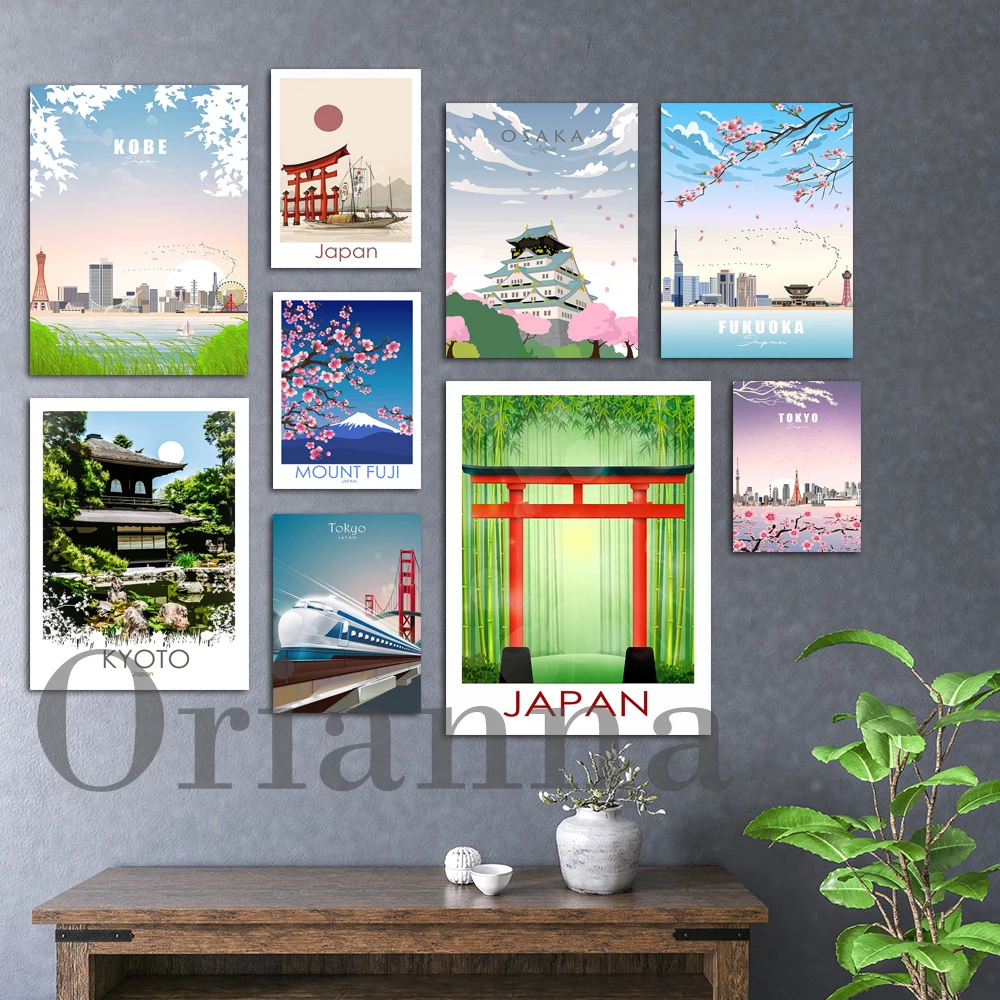 Japan Tokyo Sapporo Mountain Fuji Cherry Blossom Yokohama Kobe Fukuoka Nagoya Torii Gate Osaka Yokohama Skyline Travel Poster