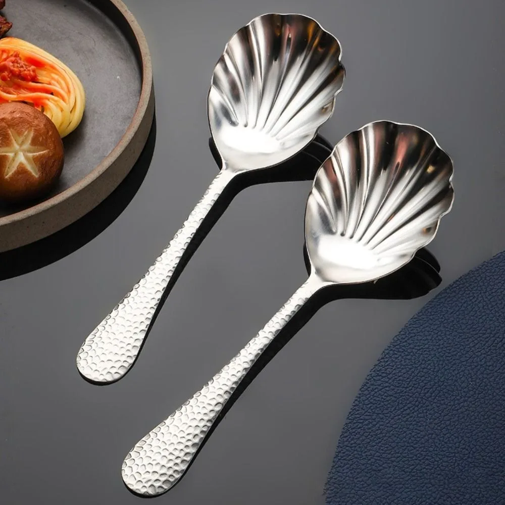Hammered Patter Handle Shell Shape Soup Spoon Thickened Mirror Polishing Serving Scoop Stainless Steel Large Shared Spoon