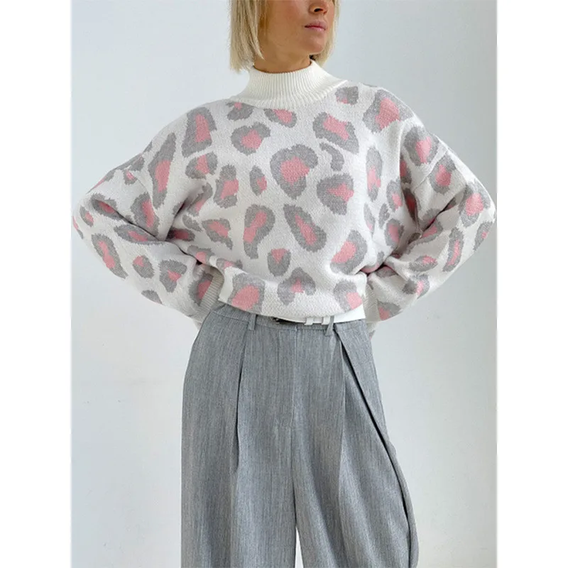 

Winter Women's Sweater with Print Half Turtleneck Oversized Pullover Jumpers Classic Vintage Knitted Sweaters for Women 2023