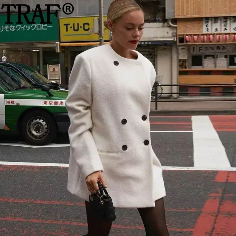 

TRAF New In Coats White Coat For Women Double Breasted Autumn Winter Coat Woman 2023 Stylish Long Sleeve Elegant Womens Jackets